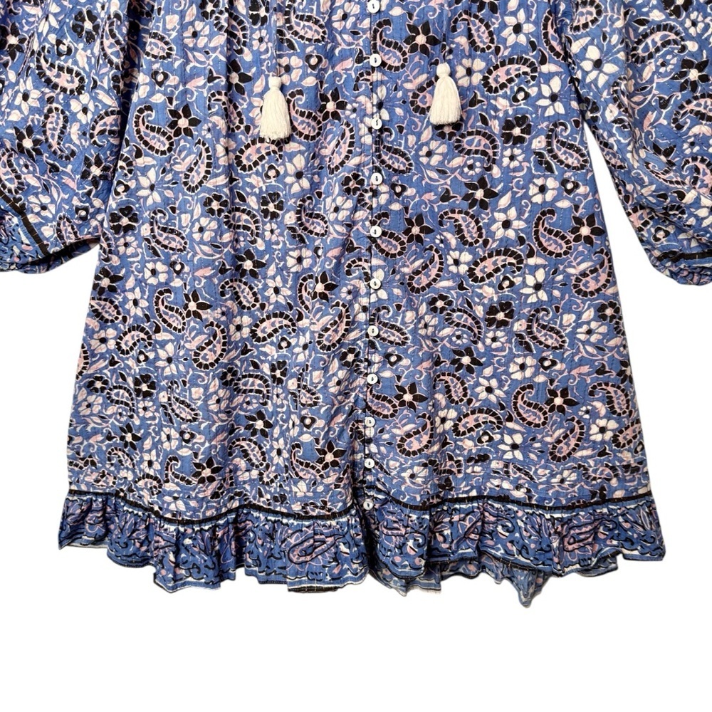 Cleobella Cora Cotton Blue Paisley Aline Full Women’s Bohemian Tassel Dress Sz M - Picture 7 of 12